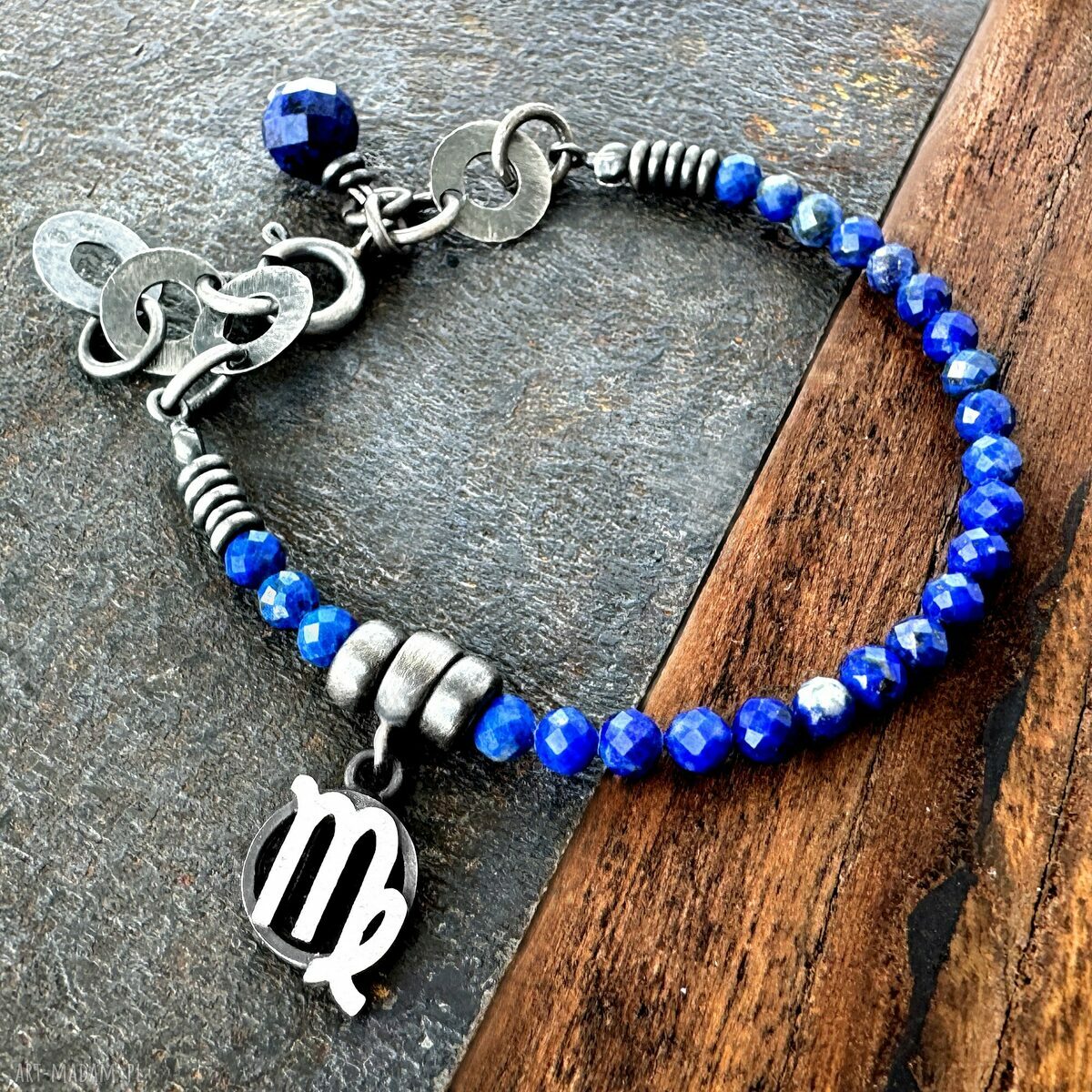 Bransoletka Zodiak Panna z lapisem lazuli i oksydowanym srebrem 925