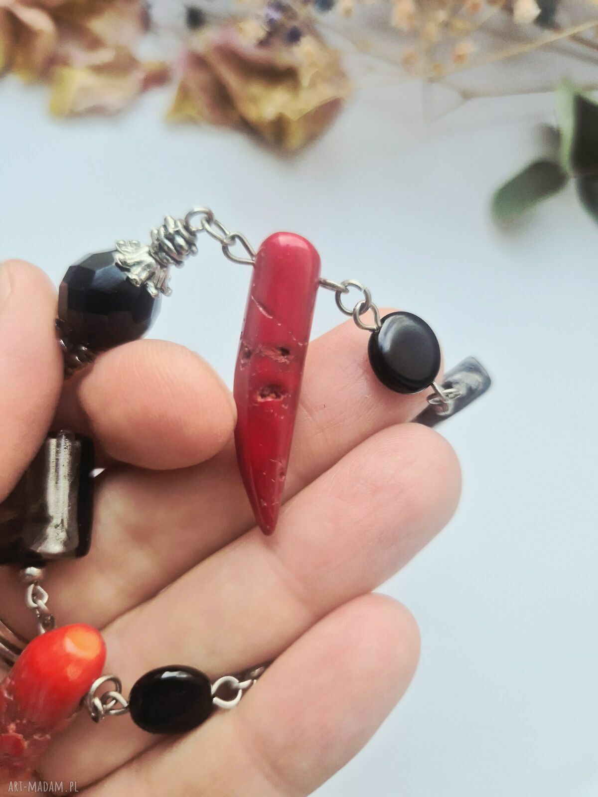 Bransoletka uniwersalna z koralem i szkiełkami - boho