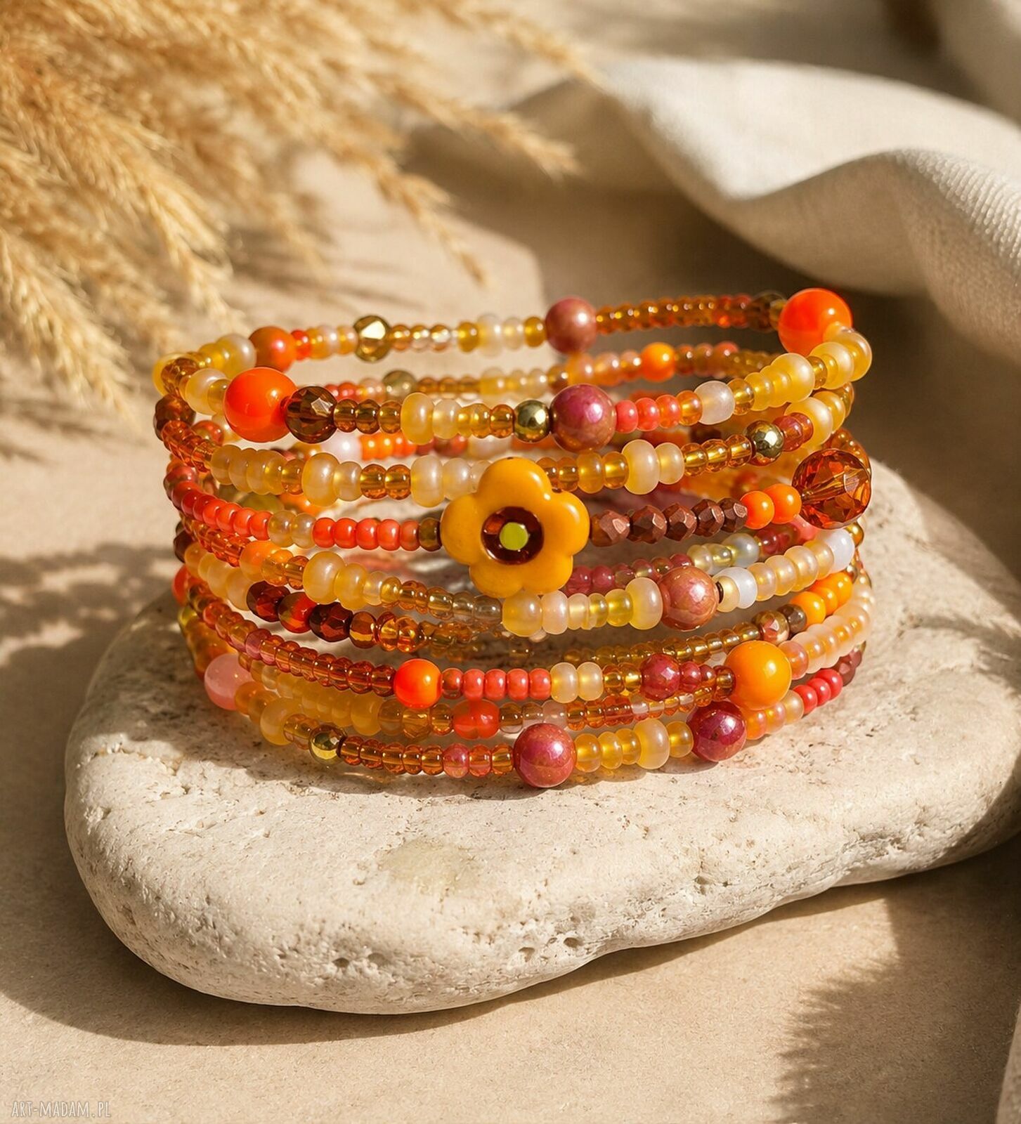 Bransoletki koralikowe BOHO 12w1 w kolorze pomarańczowym z kwiatkiem handmade