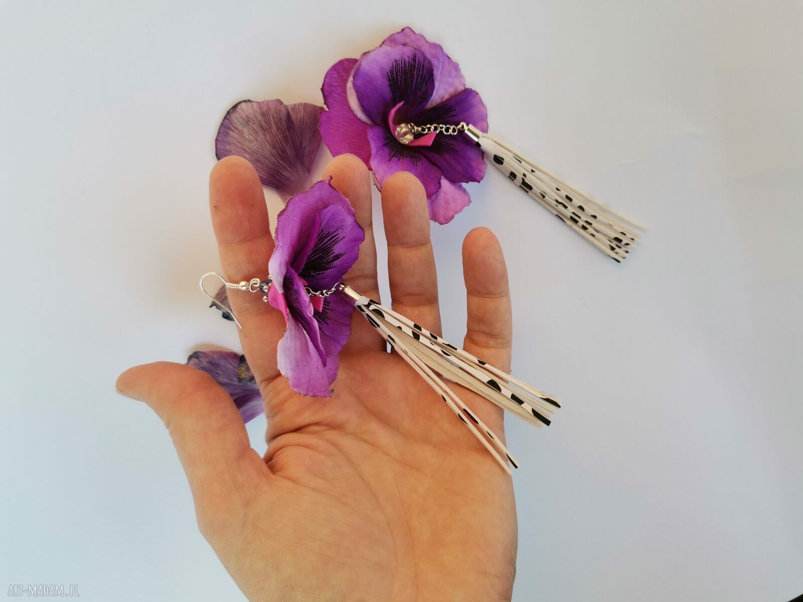 Kolczyki bratki i frędzle w ciapki - polecam, boho etno