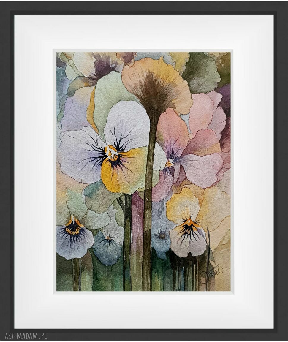 Bratkowe echa myśli - akwarela z bratkami 31 x 23 cm (oryginał)