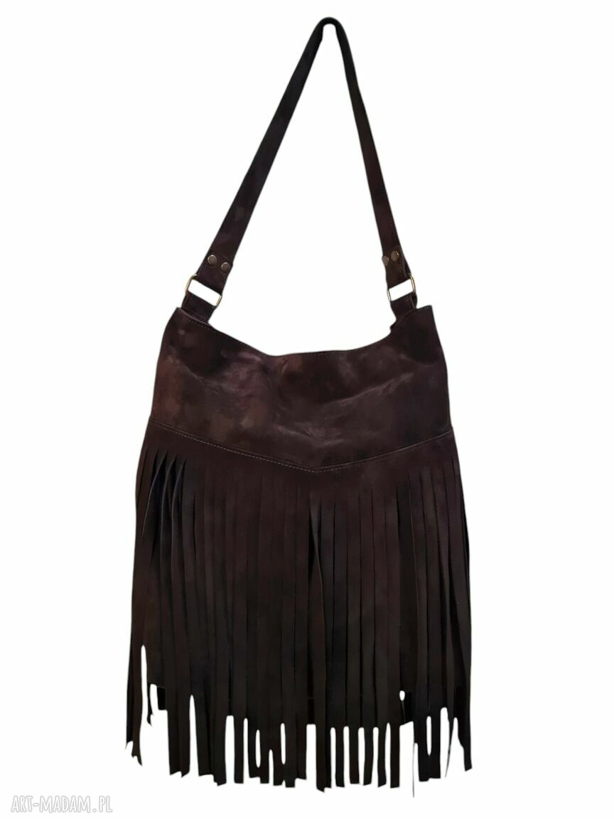 Brązowa zamszowa shopperka z frędzlami na ramię - duża torebka boho