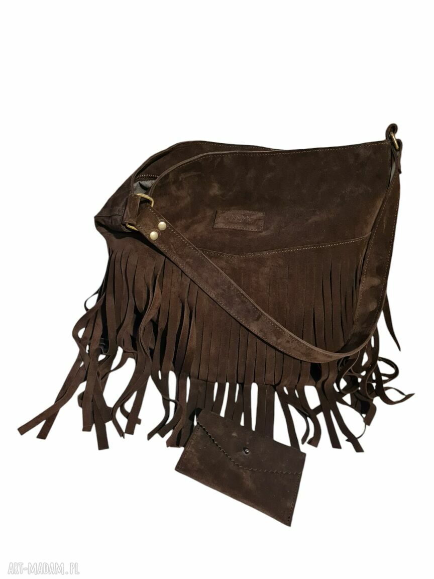 Brązowa zamszowa shopperka z frędzlami na ramię - duża torebka boho
