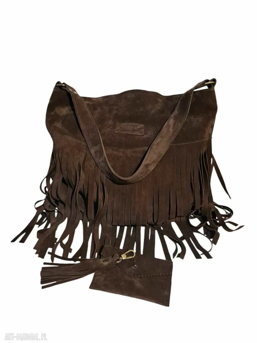 Brązowa zamszowa shopperka z frędzlami na ramię - duża torebka boho