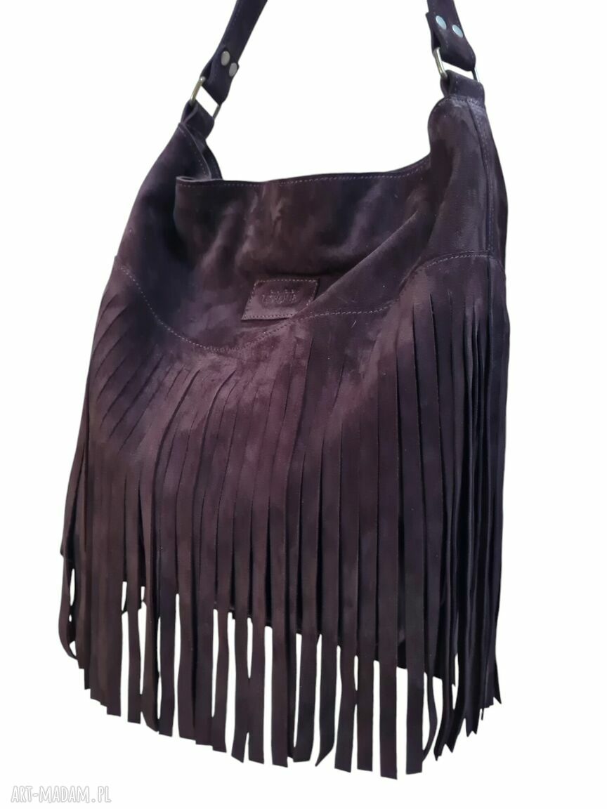 Brązowa zamszowa shopperka z frędzlami na ramię - duża torebka boho