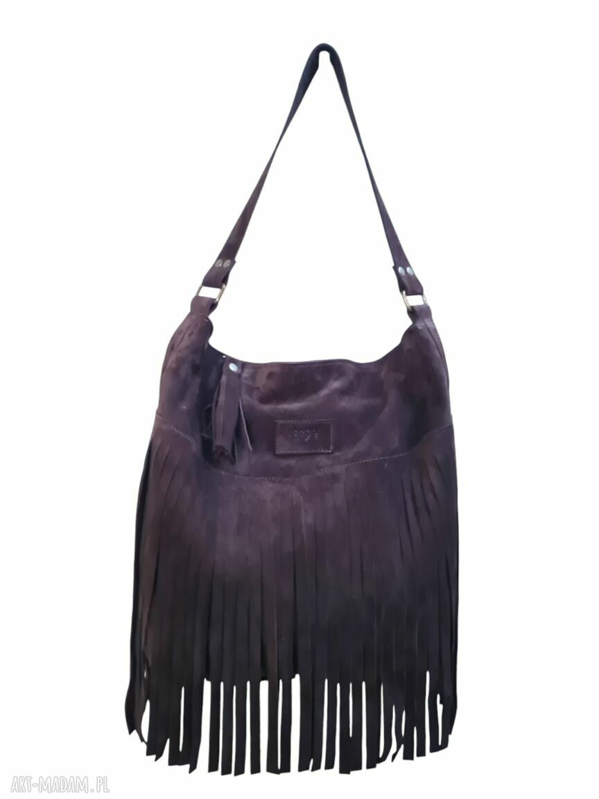 Brązowa zamszowa shopperka z frędzlami na ramię - duża torebka boho