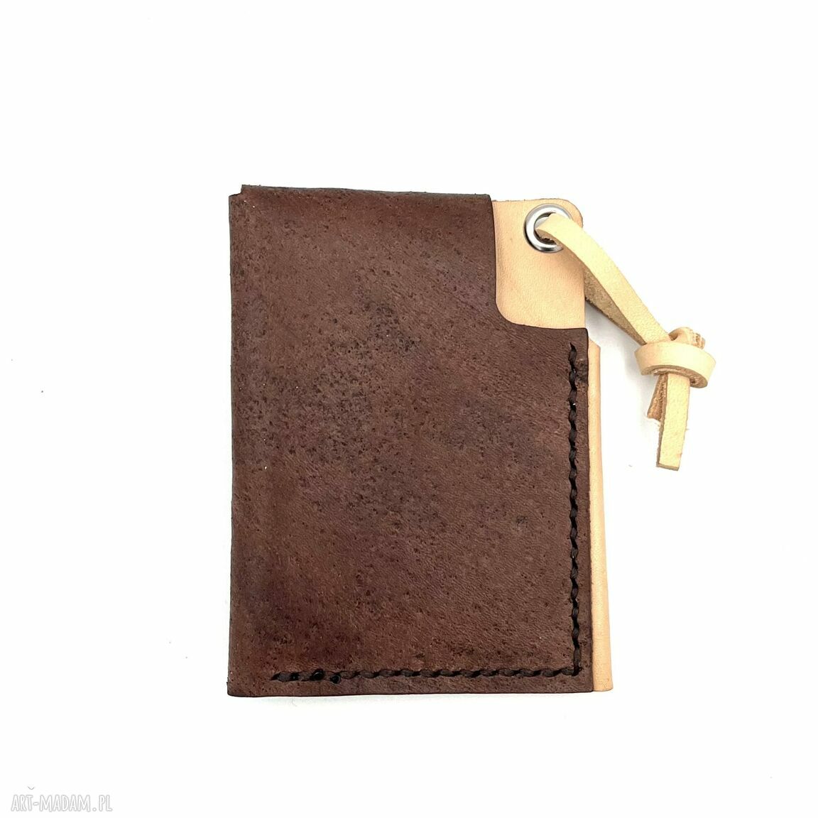 portfele: Brązowo beżowy mały portfel skórzany ręcznie uszyty. Handmade
