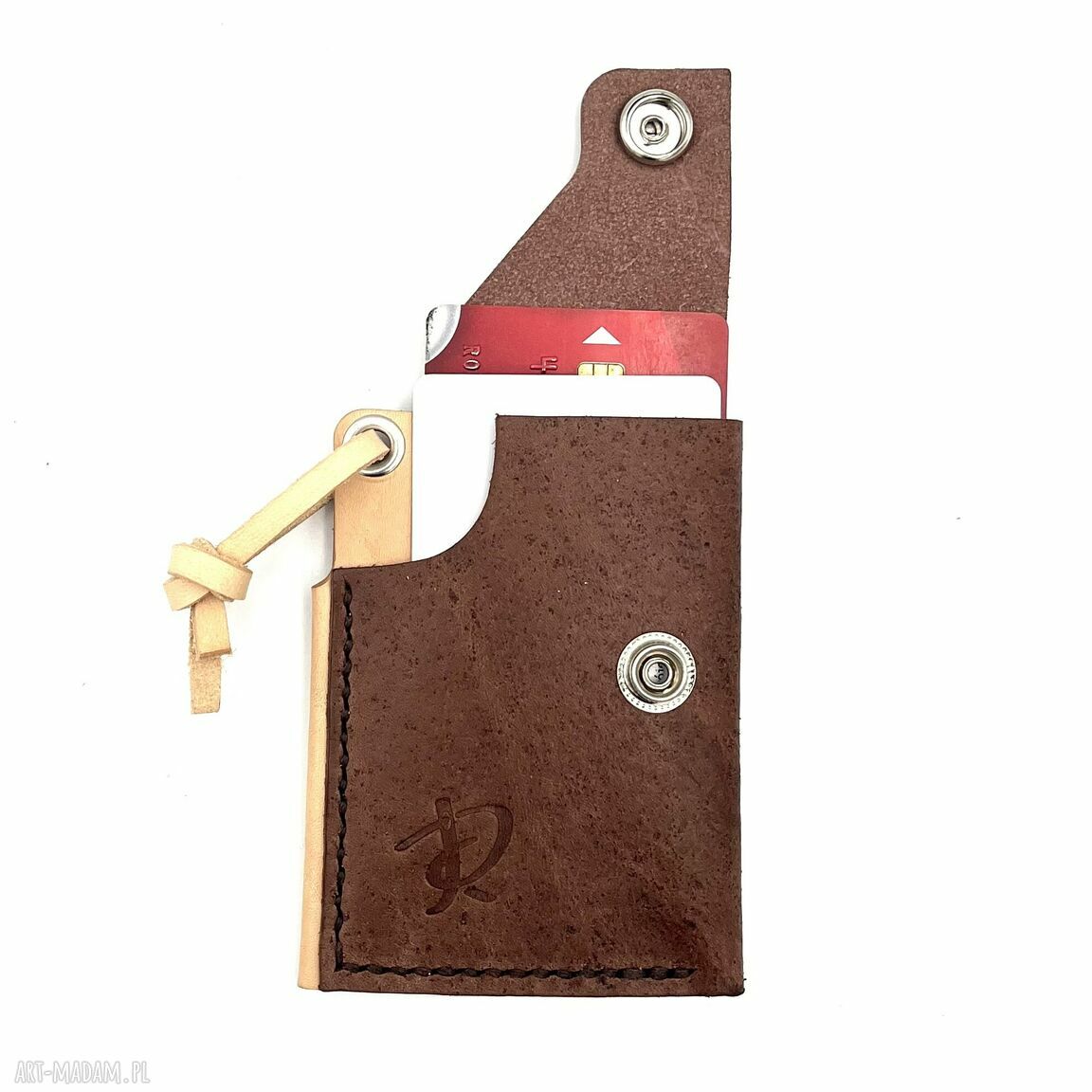 portfele: Brązowo beżowy mały portfel skórzany ręcznie uszyty. Handmade