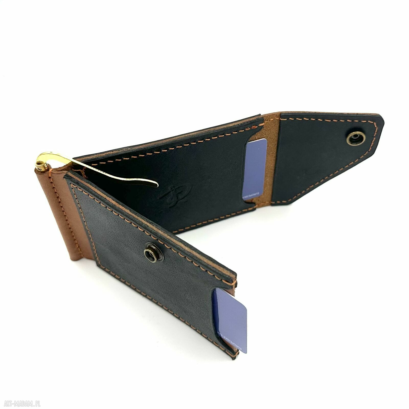 portfele: Brązowo czarny portfel na klips ręcznie uszyty ze skóry garbowanej roślinnie