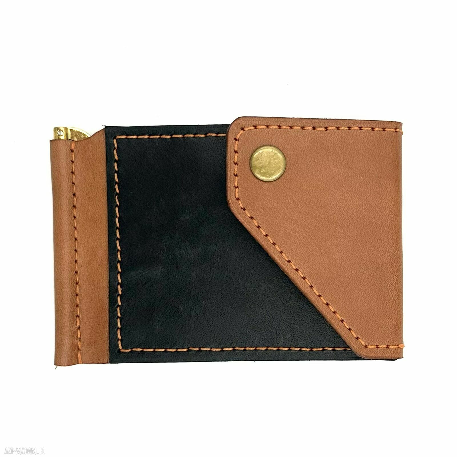 Brązowo czarny portfel klips ręcznie uszyty skóry garbowanej