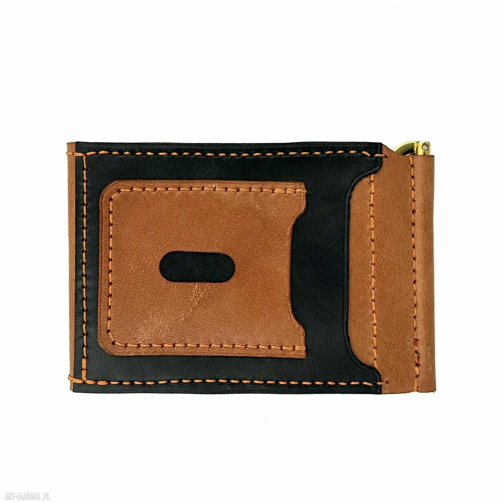 portfele: Brązowo czarny portfel na klips ręcznie uszyty ze skóry garbowanej roślinnie