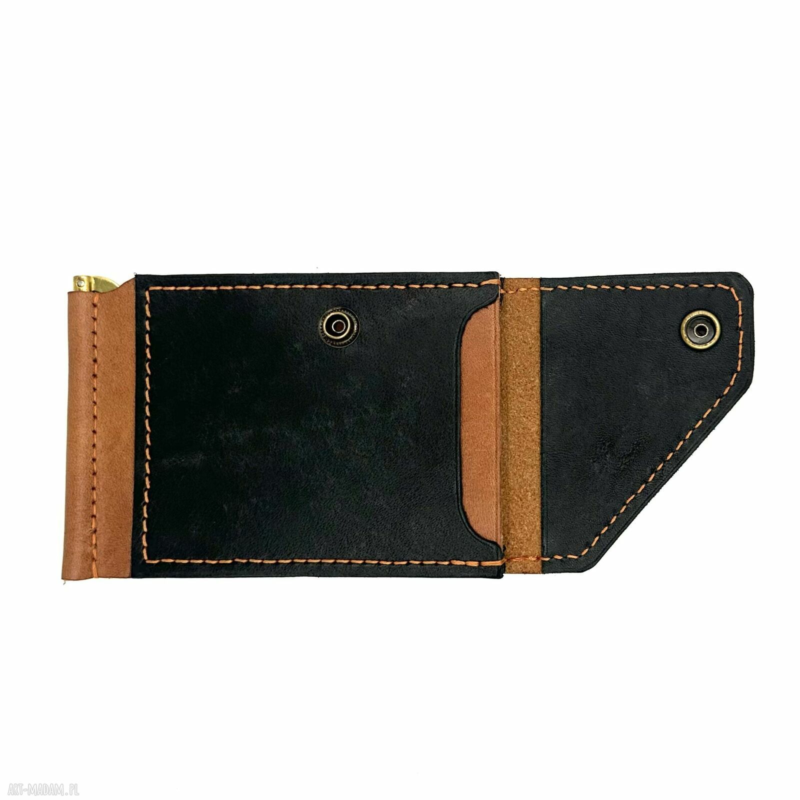 portfele: Brązowo czarny portfel na klips ręcznie uszyty ze skóry garbowanej roślinnie