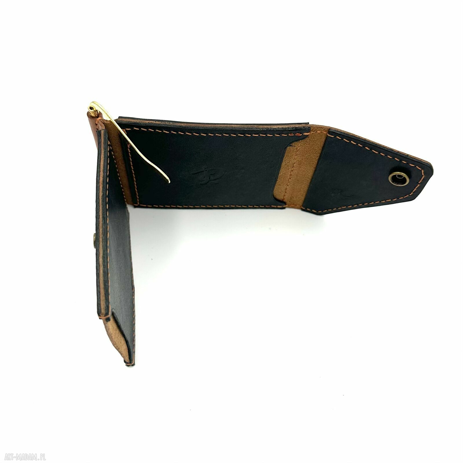 portfele: Brązowo czarny portfel na klips ręcznie uszyty ze skóry garbowanej roślinnie
