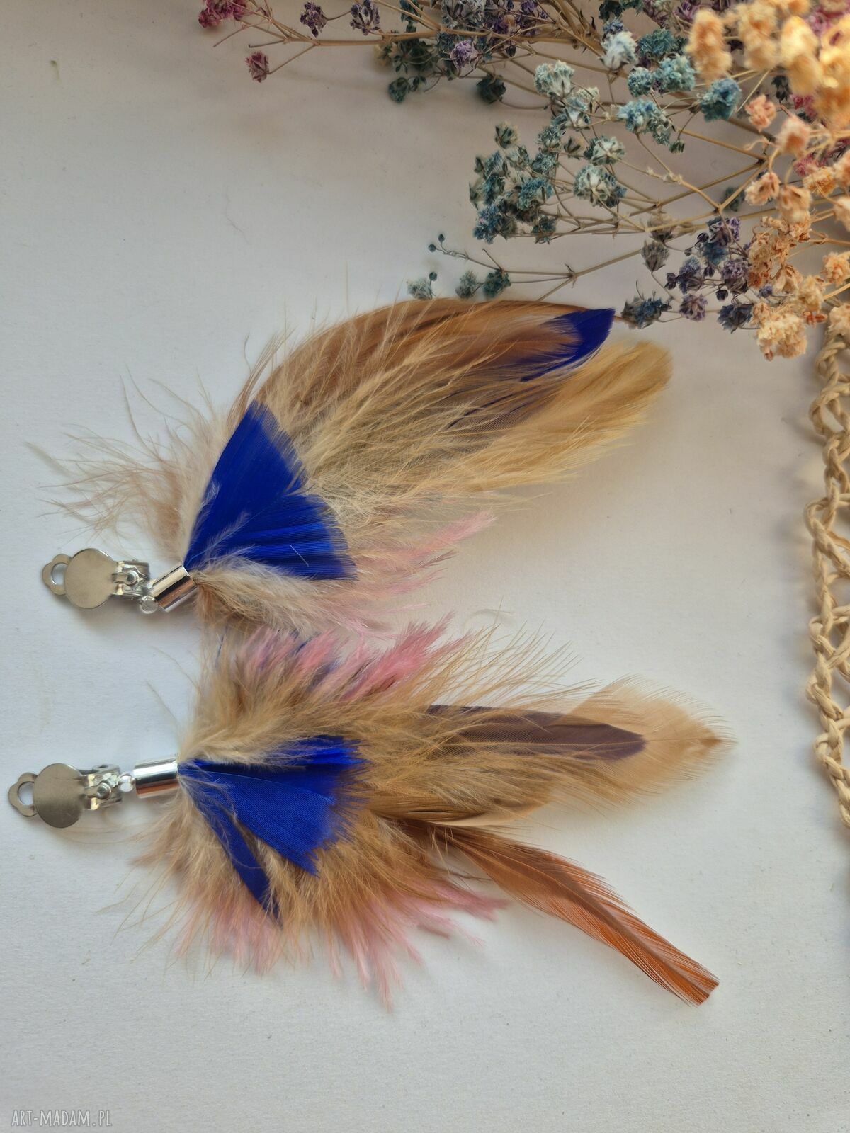 Klipsy brązowo-niebieskie pióra - lekkie i awangardowe handmade