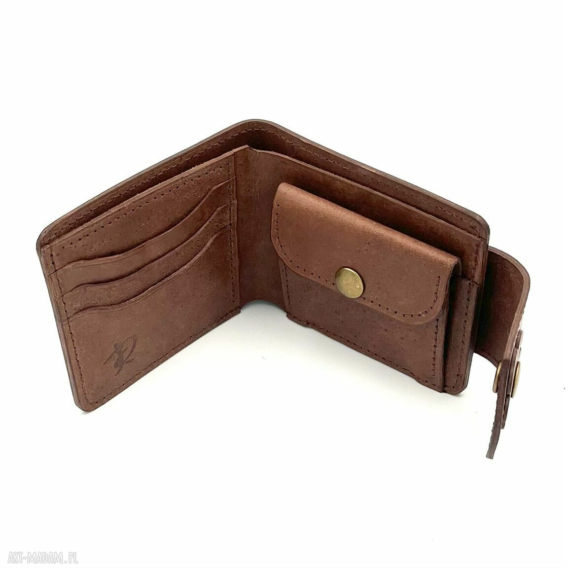 portfele: Brązowy damski portfel skórzany uszyty na bilon i karty. ręcznie