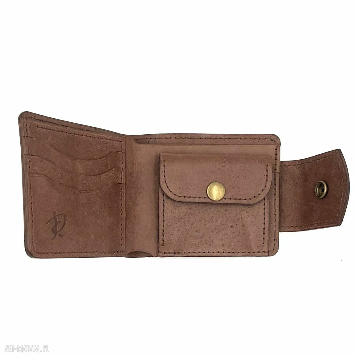 portfele: Brązowy damski portfel skórzany uszyty na bilon i karty. ręcznie