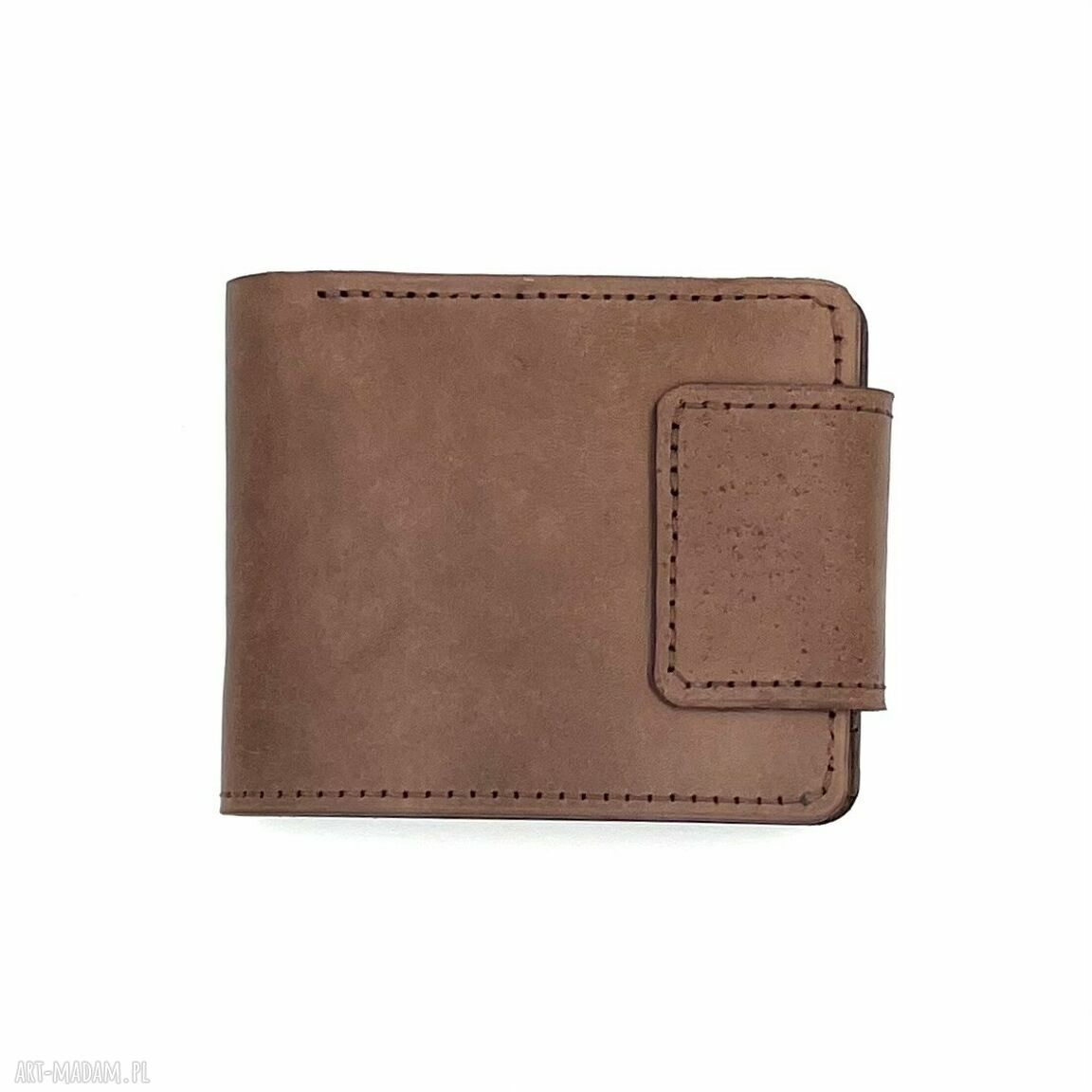 portfele: Brązowy damski portfel skórzany uszyty na bilon i karty. ręcznie