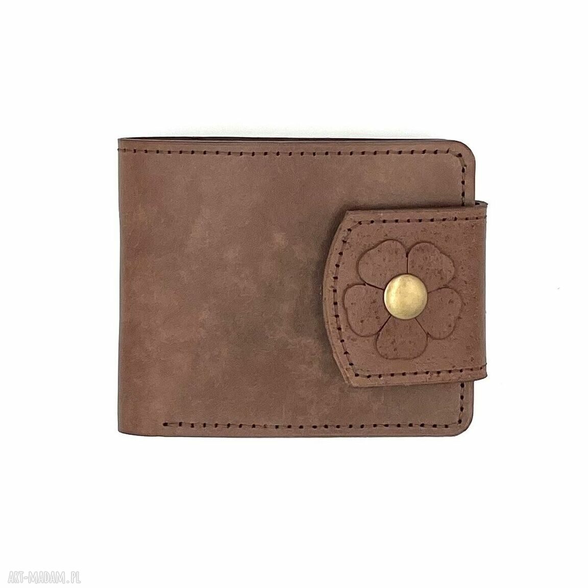 Brązowy damski portfel skórzany ręcznie uszyty bilon karty skóry