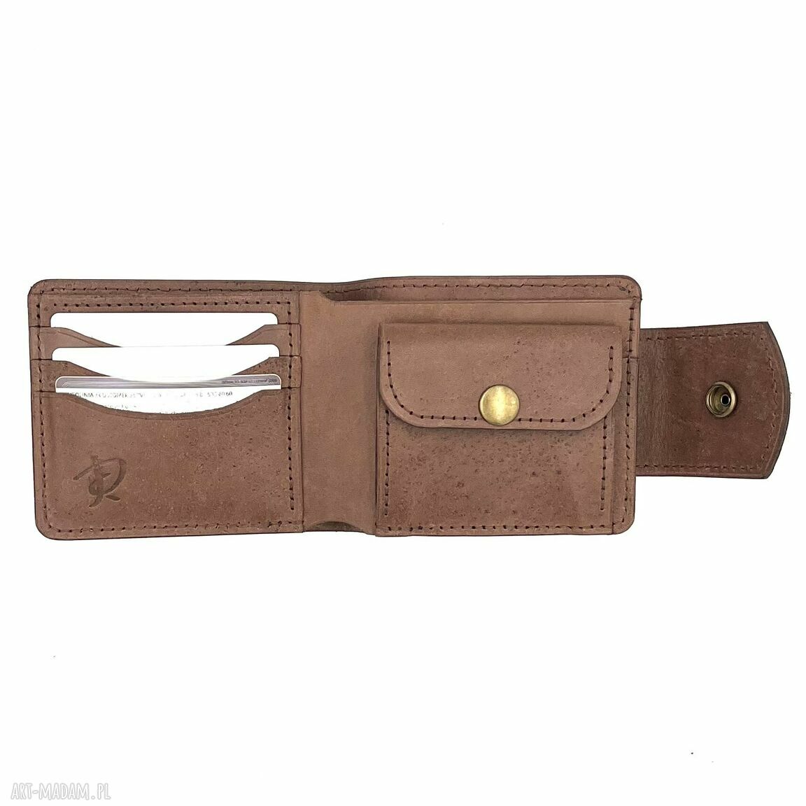 portfele: Brązowy damski portfel skórzany uszyty na bilon i karty. ręcznie