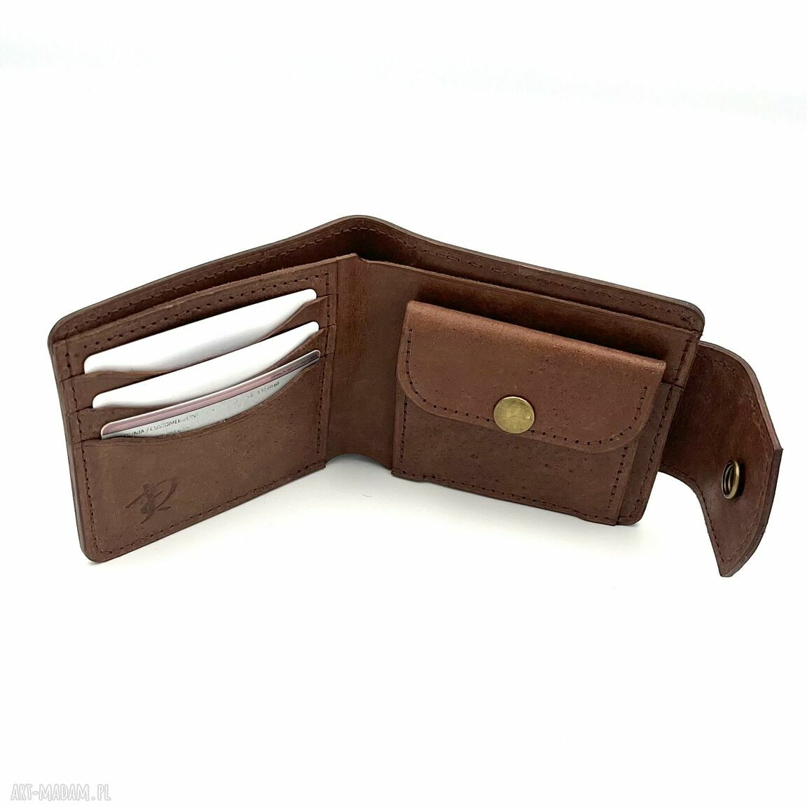 portfele: Brązowy damski portfel skórzany uszyty na bilon i karty. ręcznie