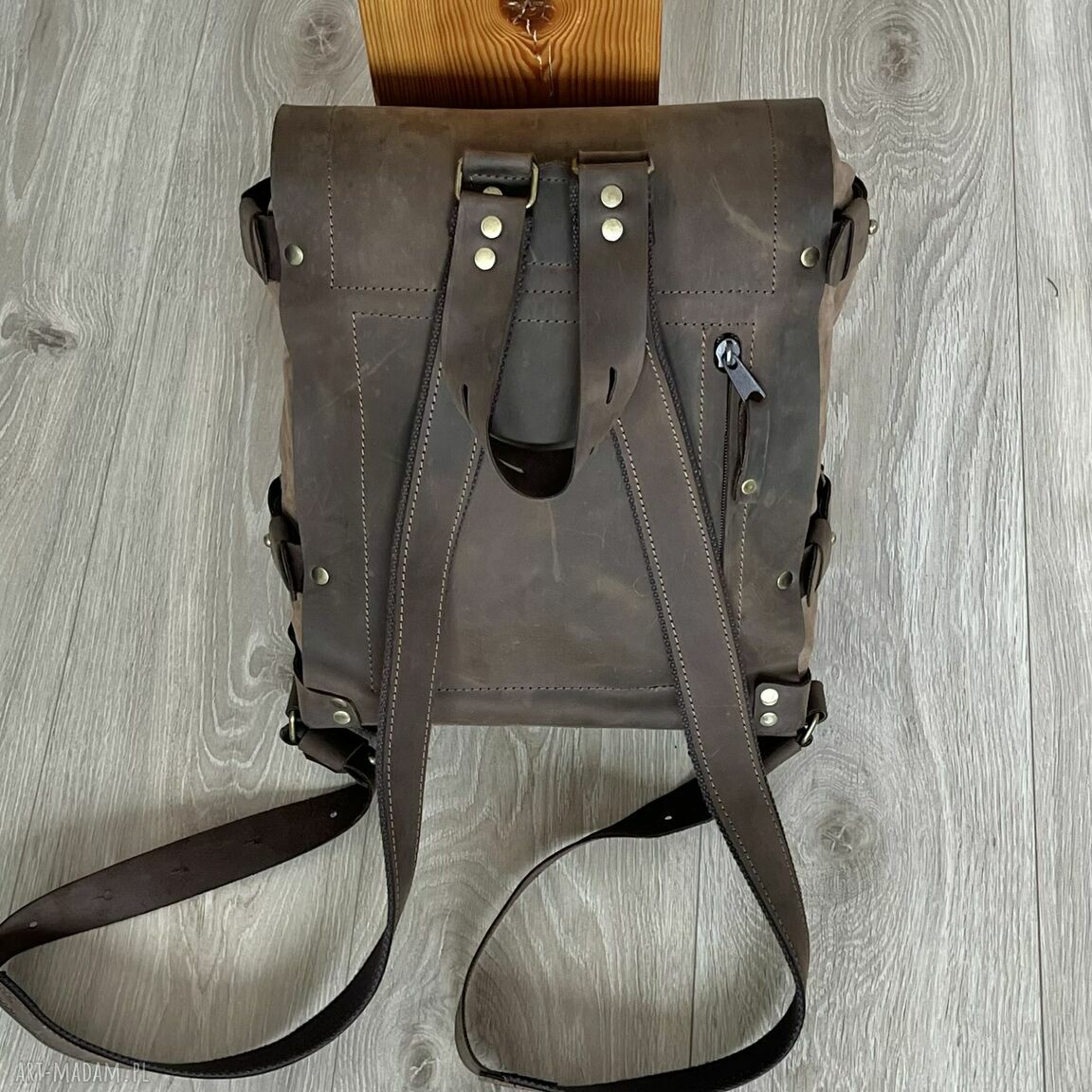 plecaki: Brązowy plecak Vintage ze skóry i bawełny woskowanej. Ręcznie robione