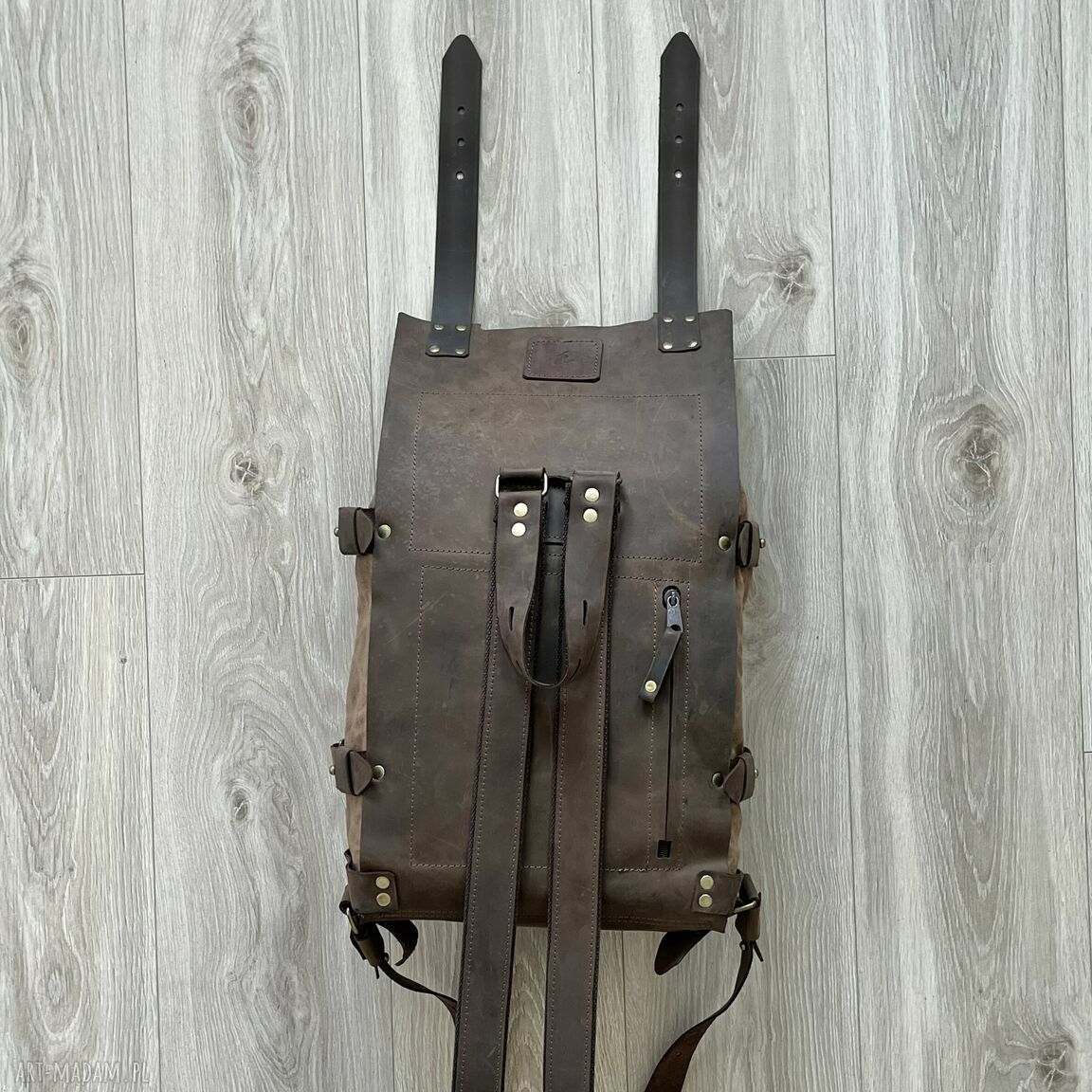 plecaki: Brązowy plecak Vintage ze skóry i bawełny woskowanej. Ręcznie robione