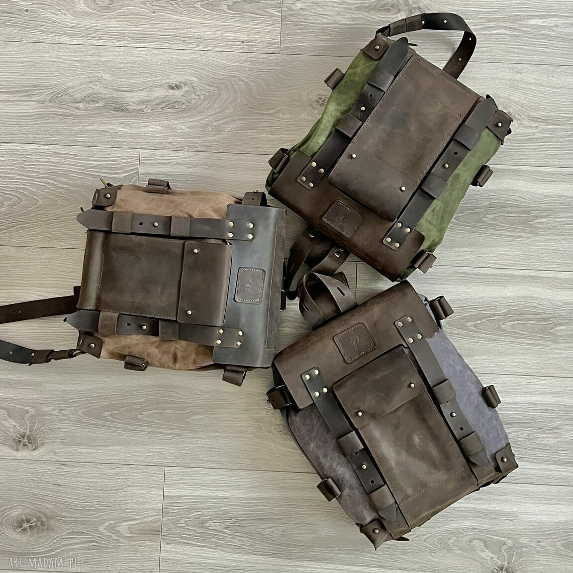 plecaki: Brązowy plecak Vintage ze skóry i bawełny woskowanej. Ręcznie robione