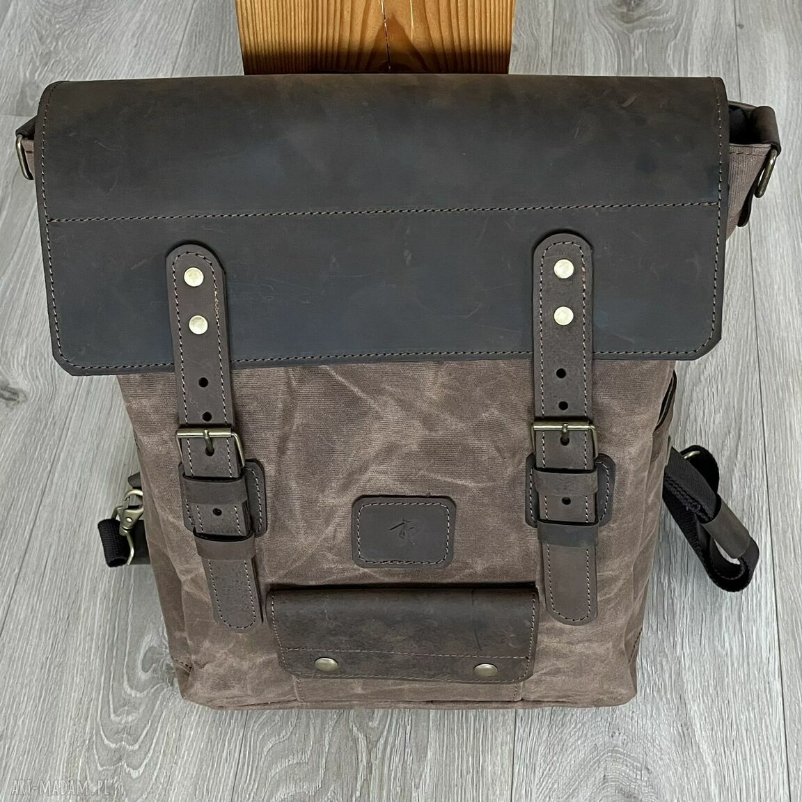 plecaki: Brązowy plecak vintage ze skóry i bawełny woskowanej. Ręczne wykonanie