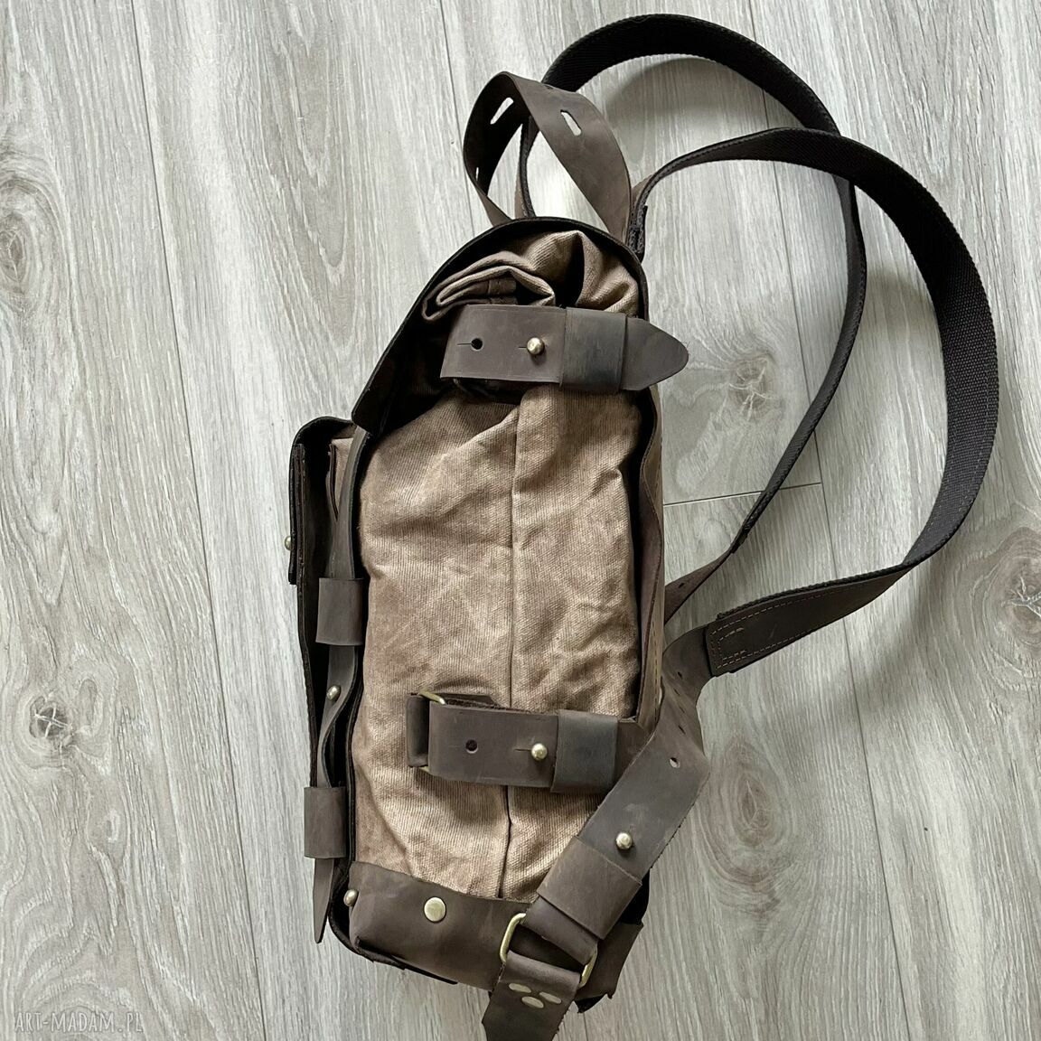 plecaki: Brązowy plecak Vintage ze skóry i bawełny woskowanej. Ręcznie robione