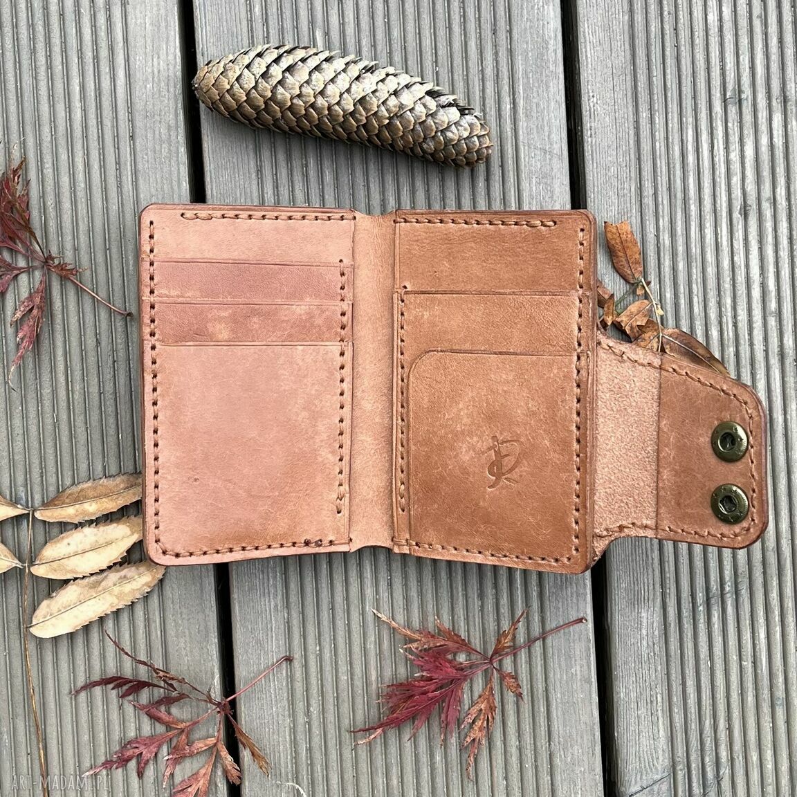 portfele: Brązowy portfel na bilon i karty skórzany uszyty. ręcznie zrobione