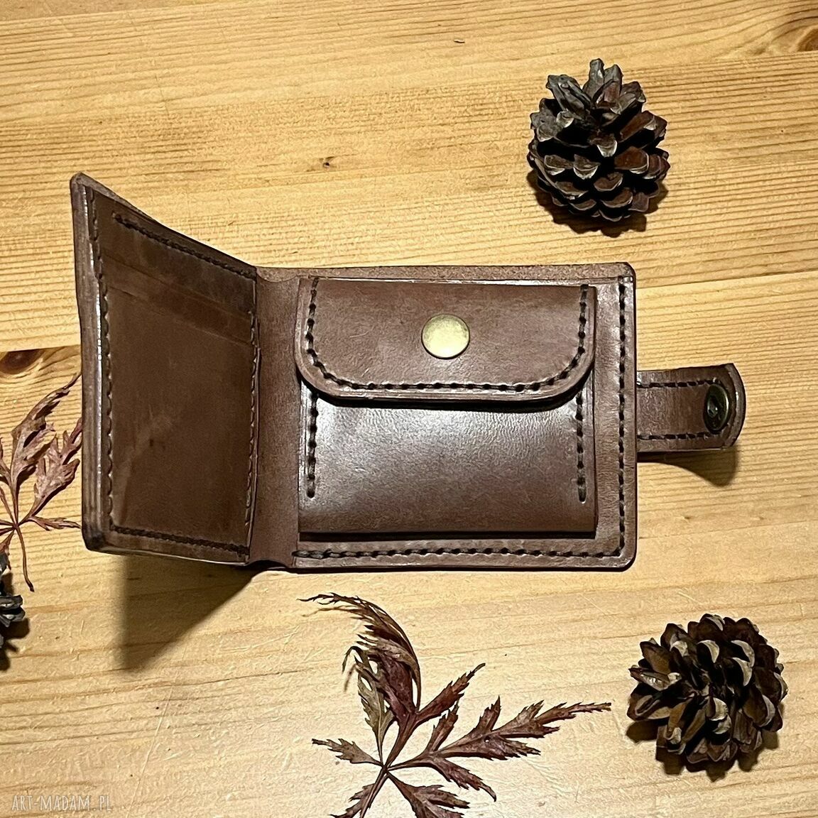portfele: Brązowy portfel na bilon ze skóry uszyty ręcznie. Handmade