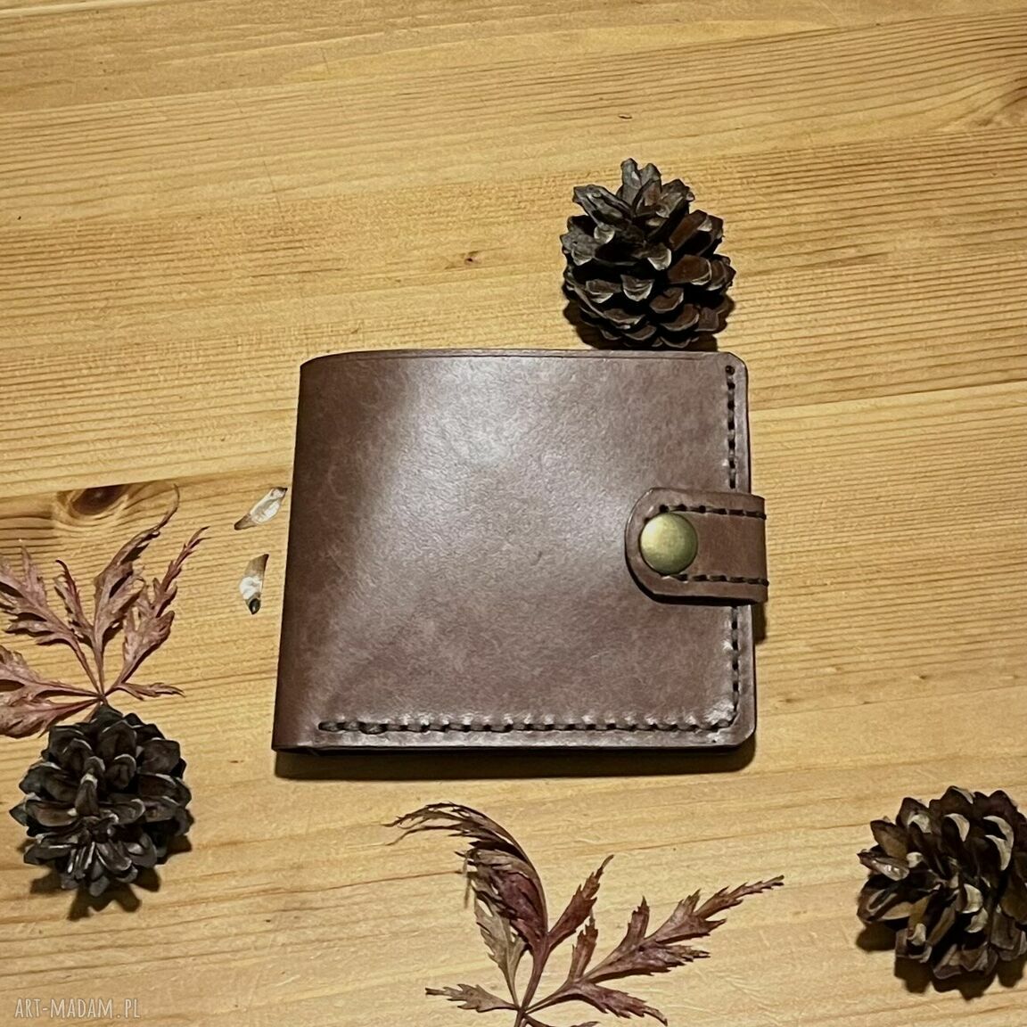 Brązowy portfel bilon skóry uszyty ręcznie damski męski szyty