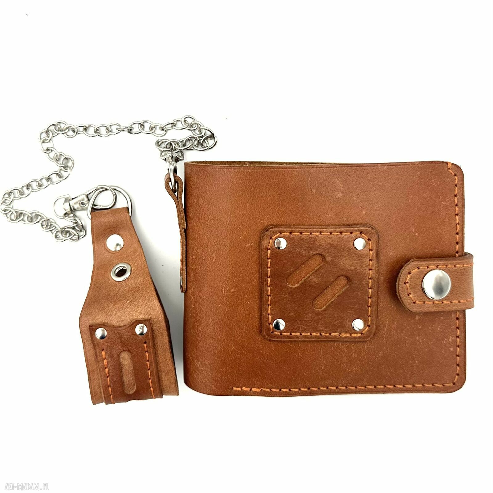Brązowy portfel skórzany bilon ręcznie uszyty damski motocyklisty
