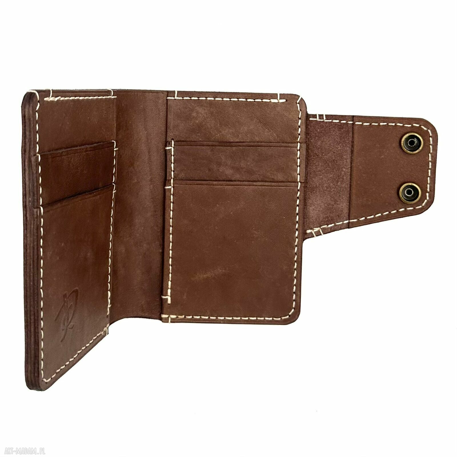 portfele: Brązowy portfel skórzany ręcznie uszyty beżową nitką. Ręczne wykonanie