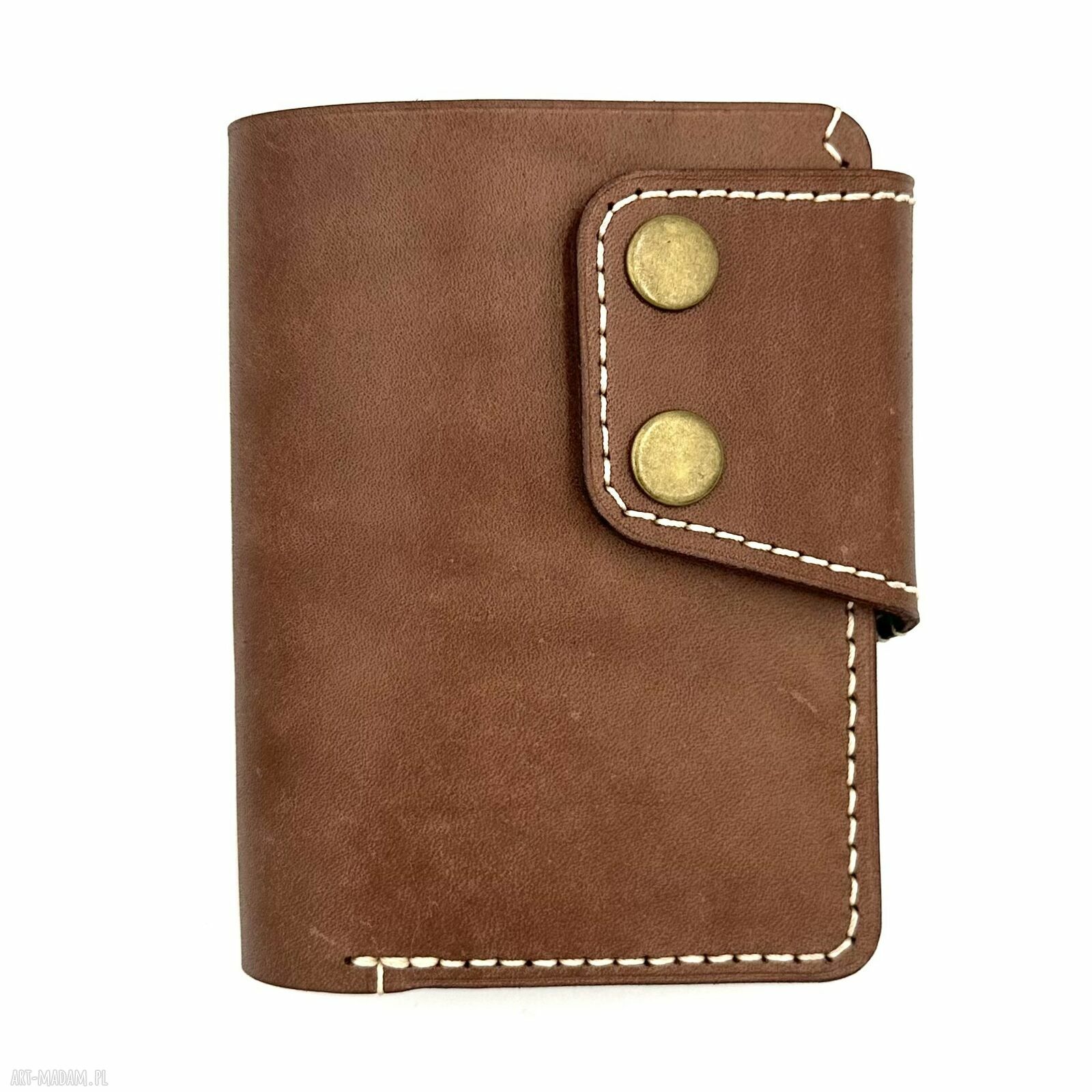 Brązowy portfel skórzany ręcznie uszyty beżową nitką skóry duży
