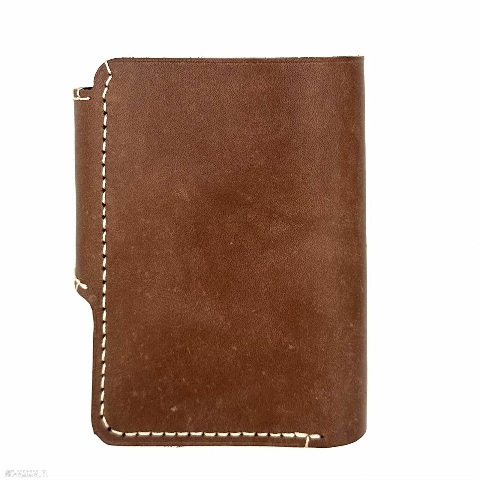 portfele: Brązowy portfel skórzany ręcznie uszyty beżową nitką. Ręczne wykonanie