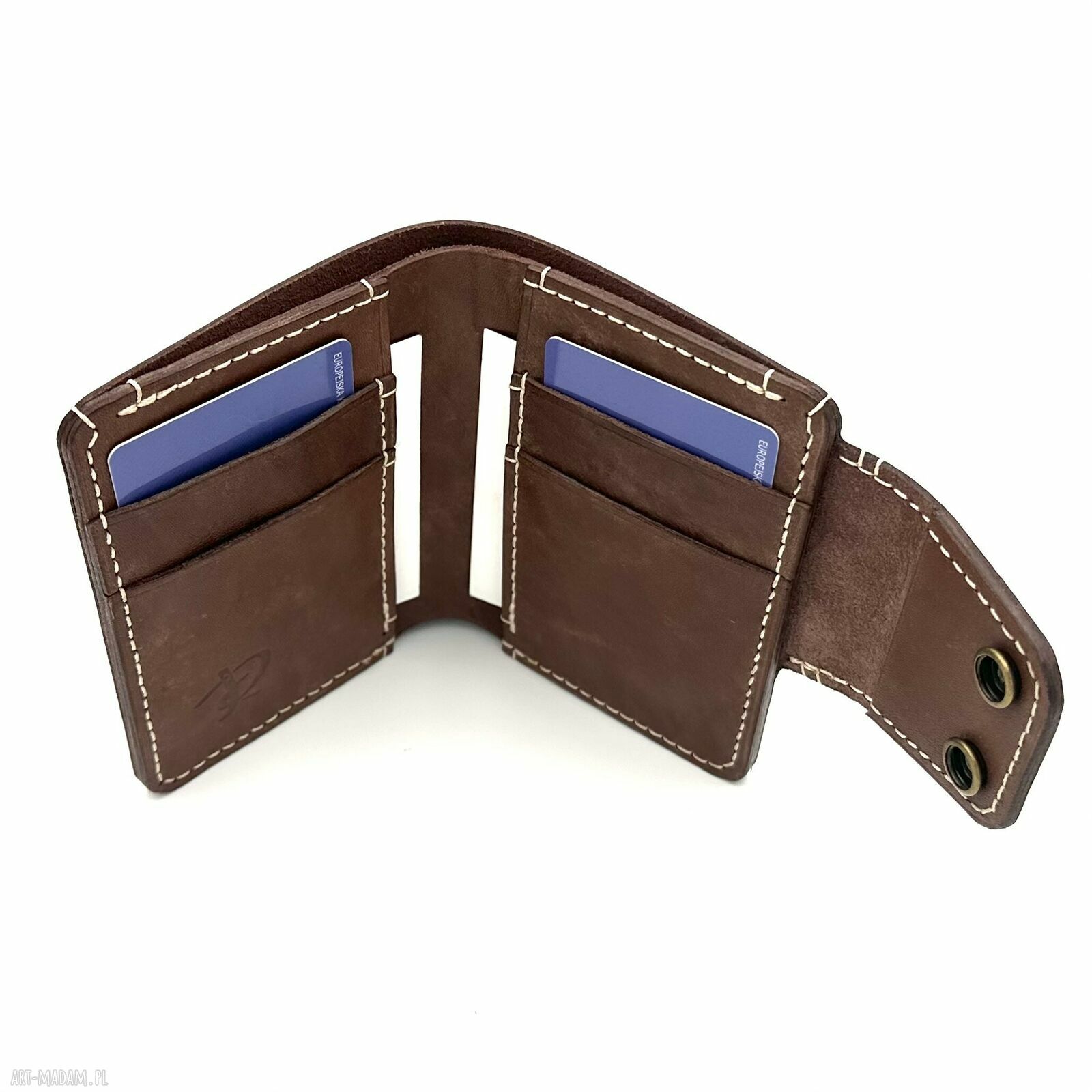 portfele: Brązowy portfel skórzany ręcznie uszyty beżową nitką. Ręczne wykonanie