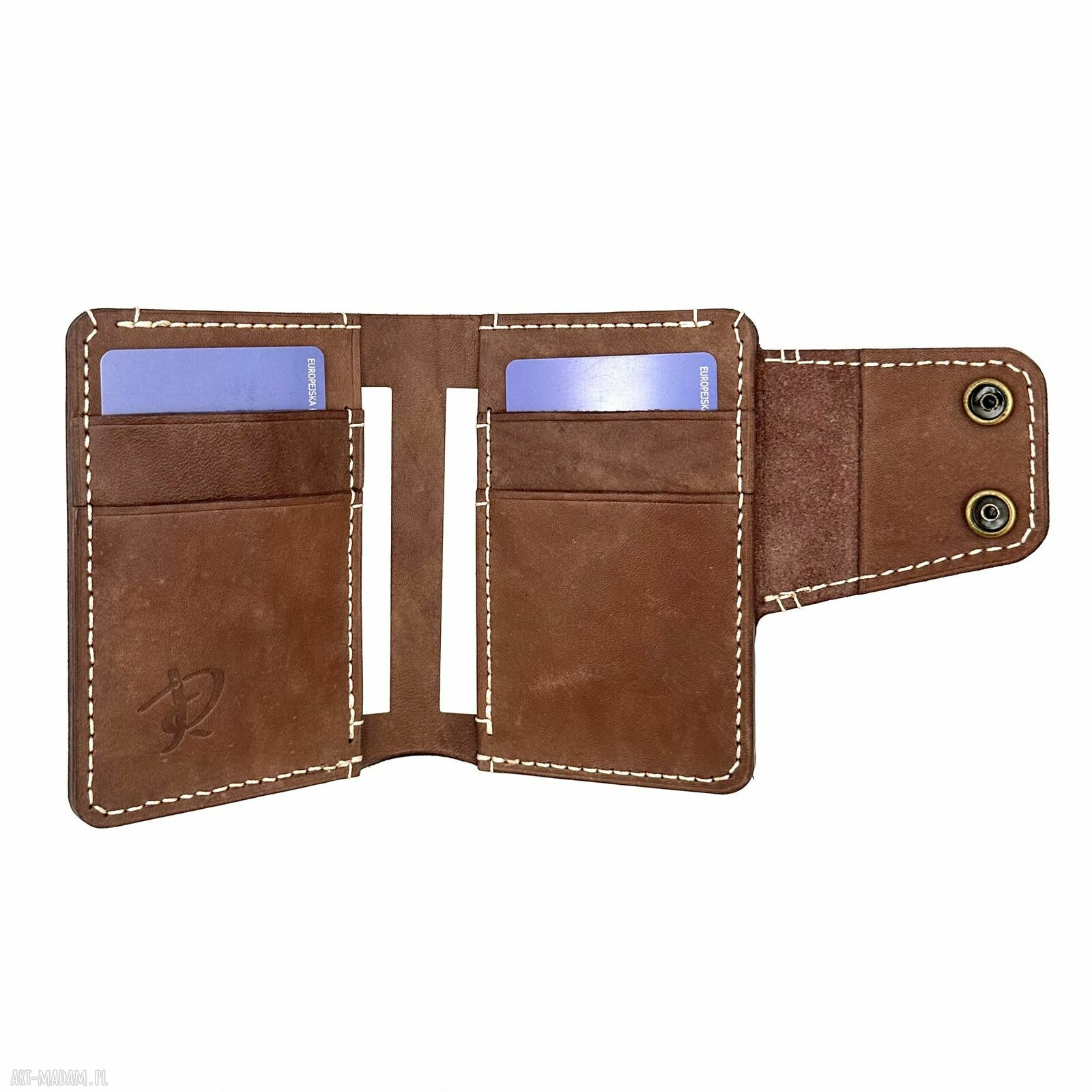 portfele: Brązowy portfel skórzany ręcznie uszyty beżową nitką. Ręczne wykonanie