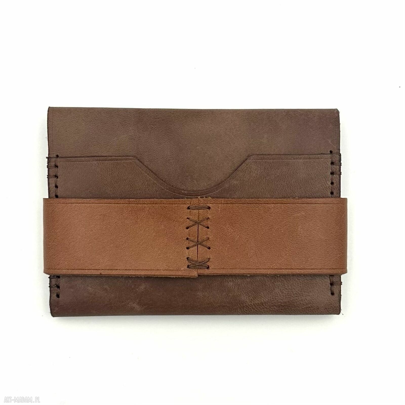 portfele: Brązowy portfel skórzany z klapką ręcznie uszyty. Ręczne wykonanie