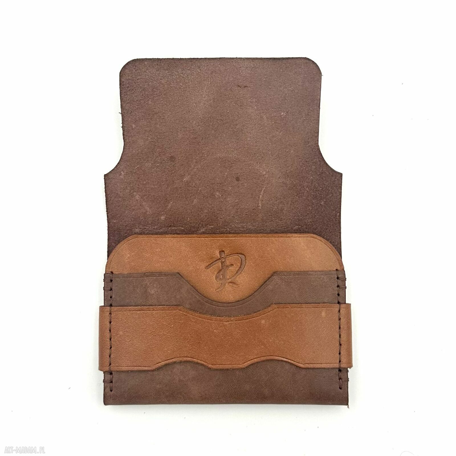 portfele: Brązowy portfel skórzany z klapką ręcznie uszyty. Ręczne wykonanie
