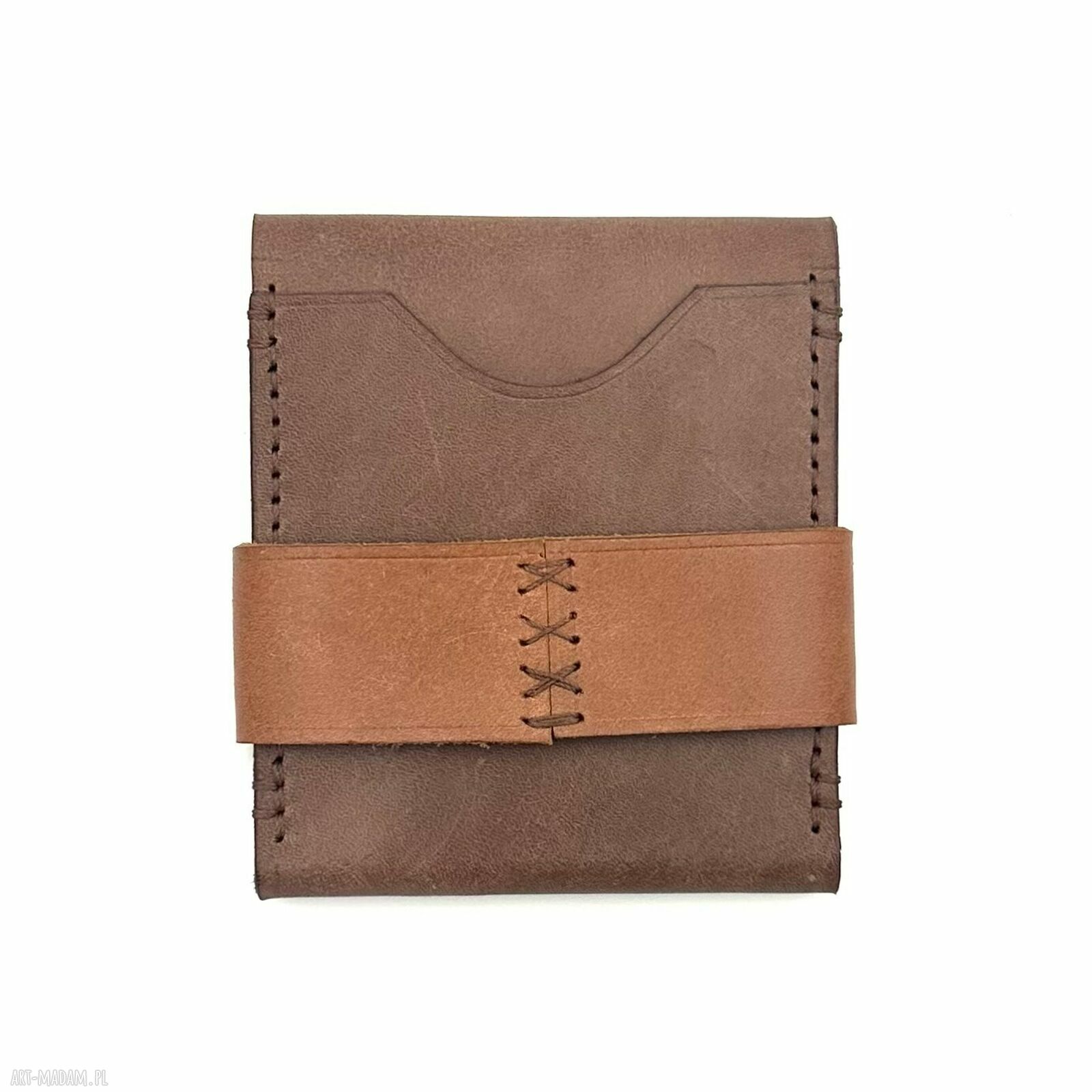 portfele: Brązowy portfel skórzany z klapką uszyty na karty. ręcznie wykonane