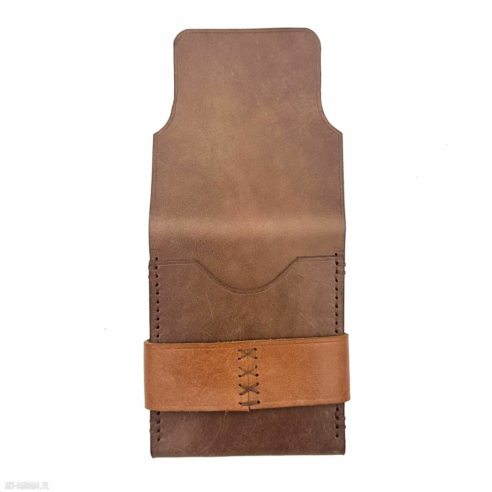portfele: Brązowy portfel skórzany z klapką uszyty na karty. ręcznie wykonane