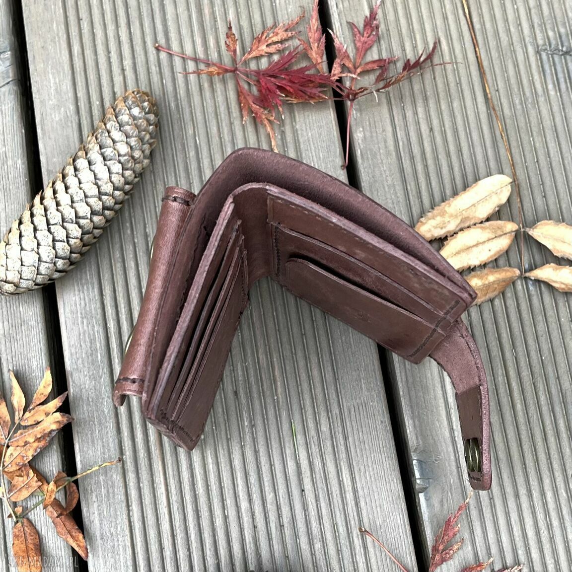 portfele: Brązowy portfel ze skóry na bilon i karty ręcznie uszyty. handmade