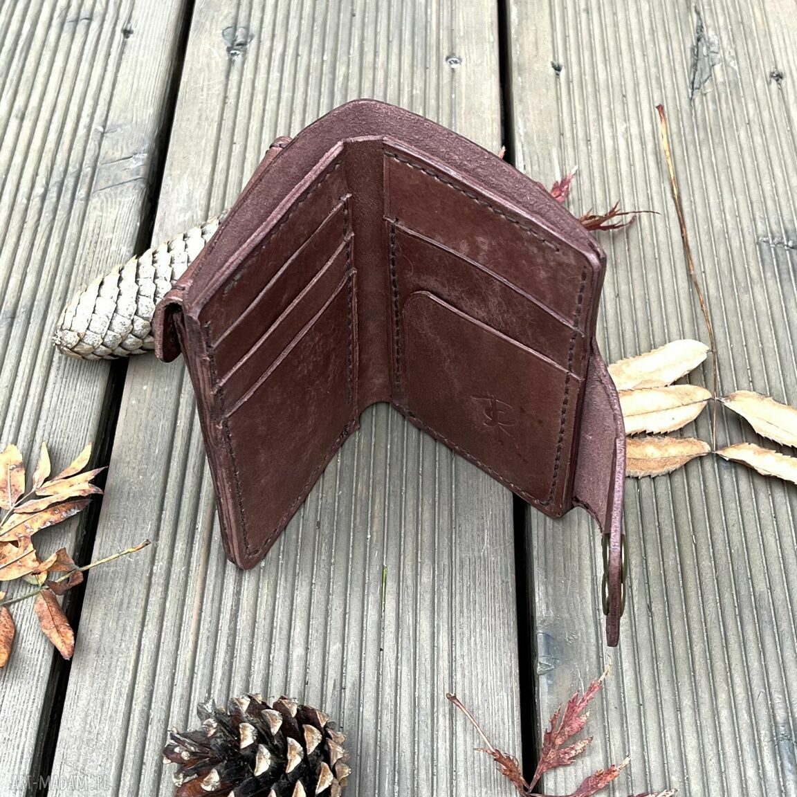 portfele: Brązowy portfel ze skóry na bilon i karty ręcznie uszyty. handmade