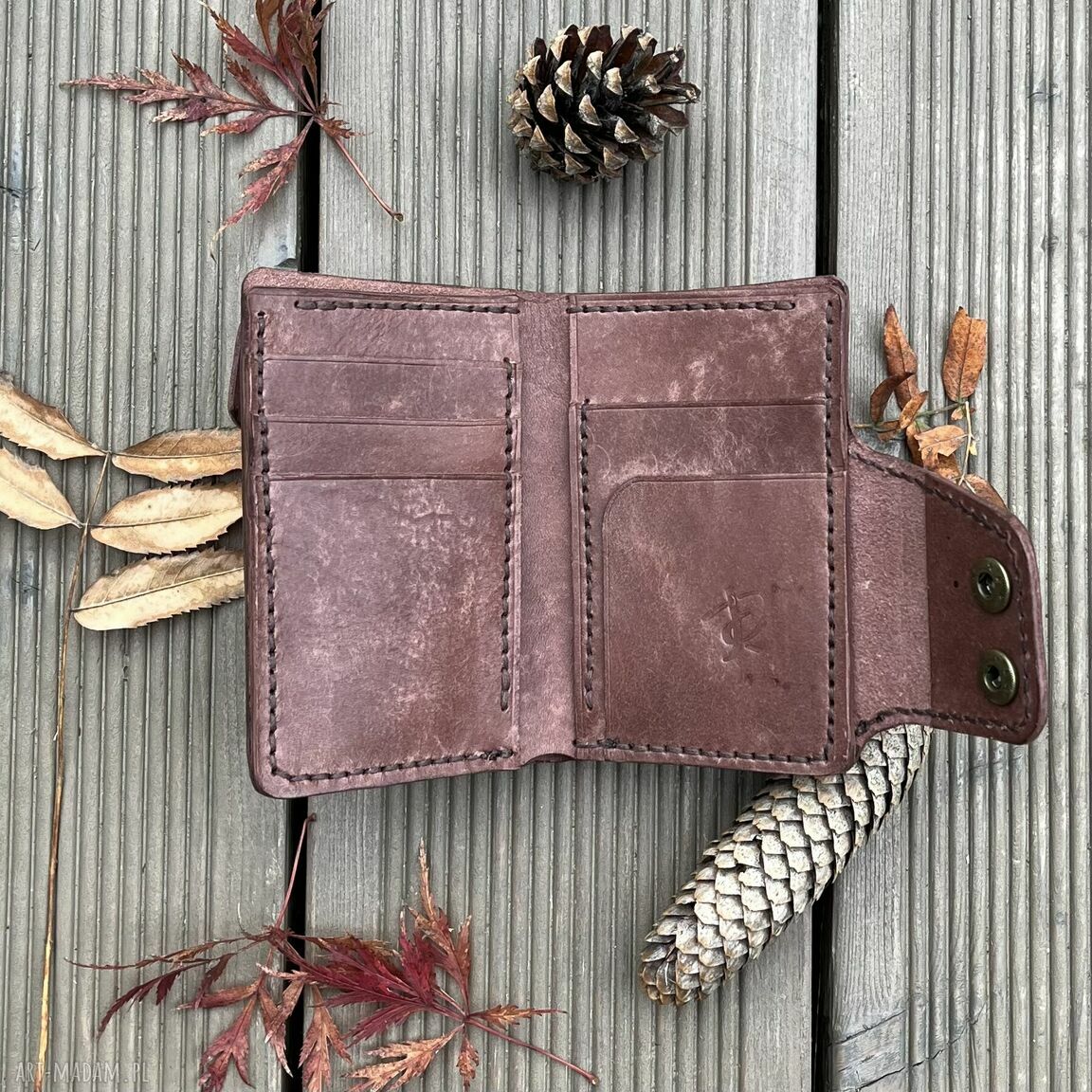 portfele: Brązowy portfel ze skóry na bilon i karty ręcznie uszyty. handmade