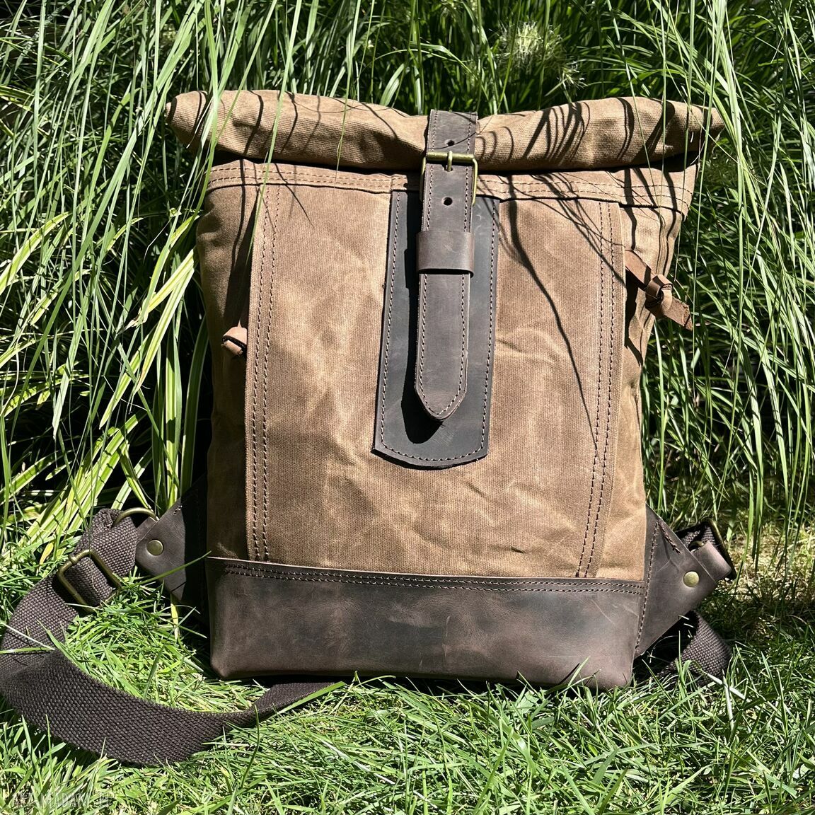 Brązowy rolowany plecak bawełny woskowanej skóry vintage damski