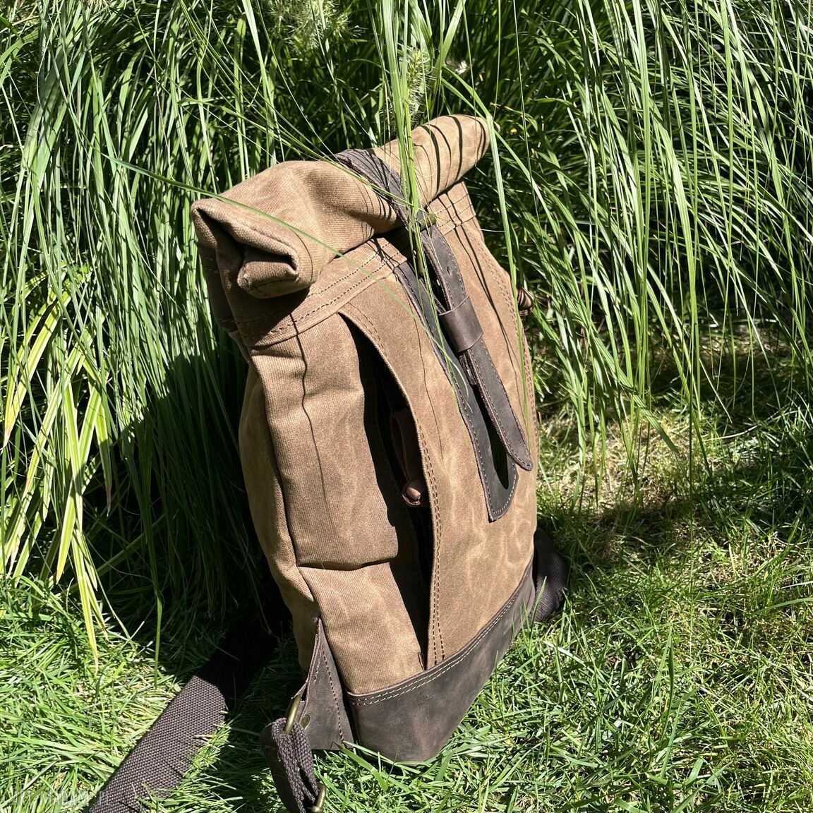 plecaki: Brązowy rolowany plecak z bawełny woskowanej i skóry Vintage. ręczne