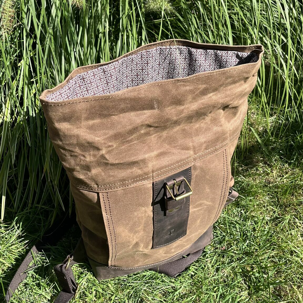 plecaki: Brązowy rolowany plecak z bawełny woskowanej i skóry Vintage. ręczne