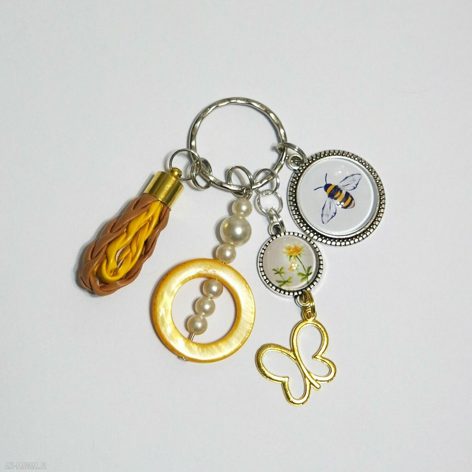 Breloczek Pszczoła i wiesiołek z rzemieniem - handmade na klucze i drobiazgi