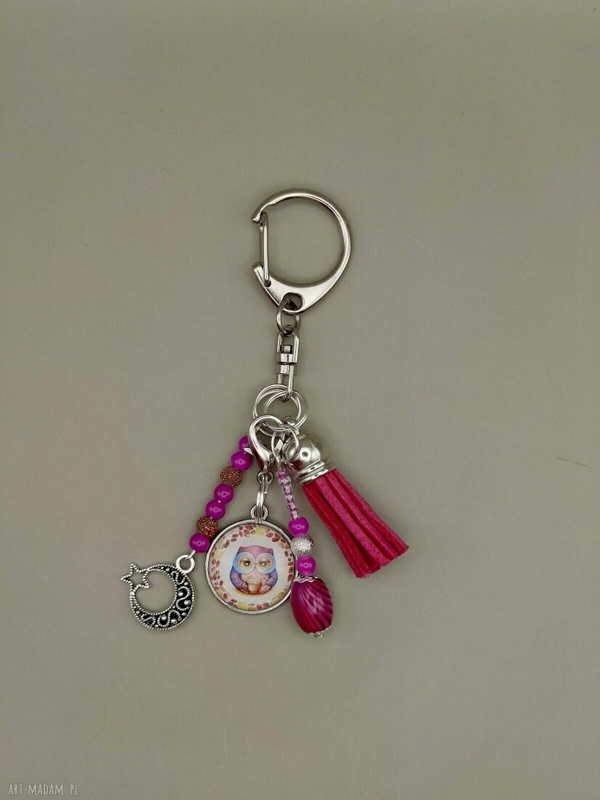 Różowy brelok z sową i księżycem - handmade do kluczy i torebki